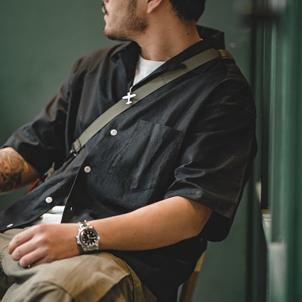 復古巴領寬鬆短袖襯衫透氣哢嘰休閒男寸衣痞帥夏山系