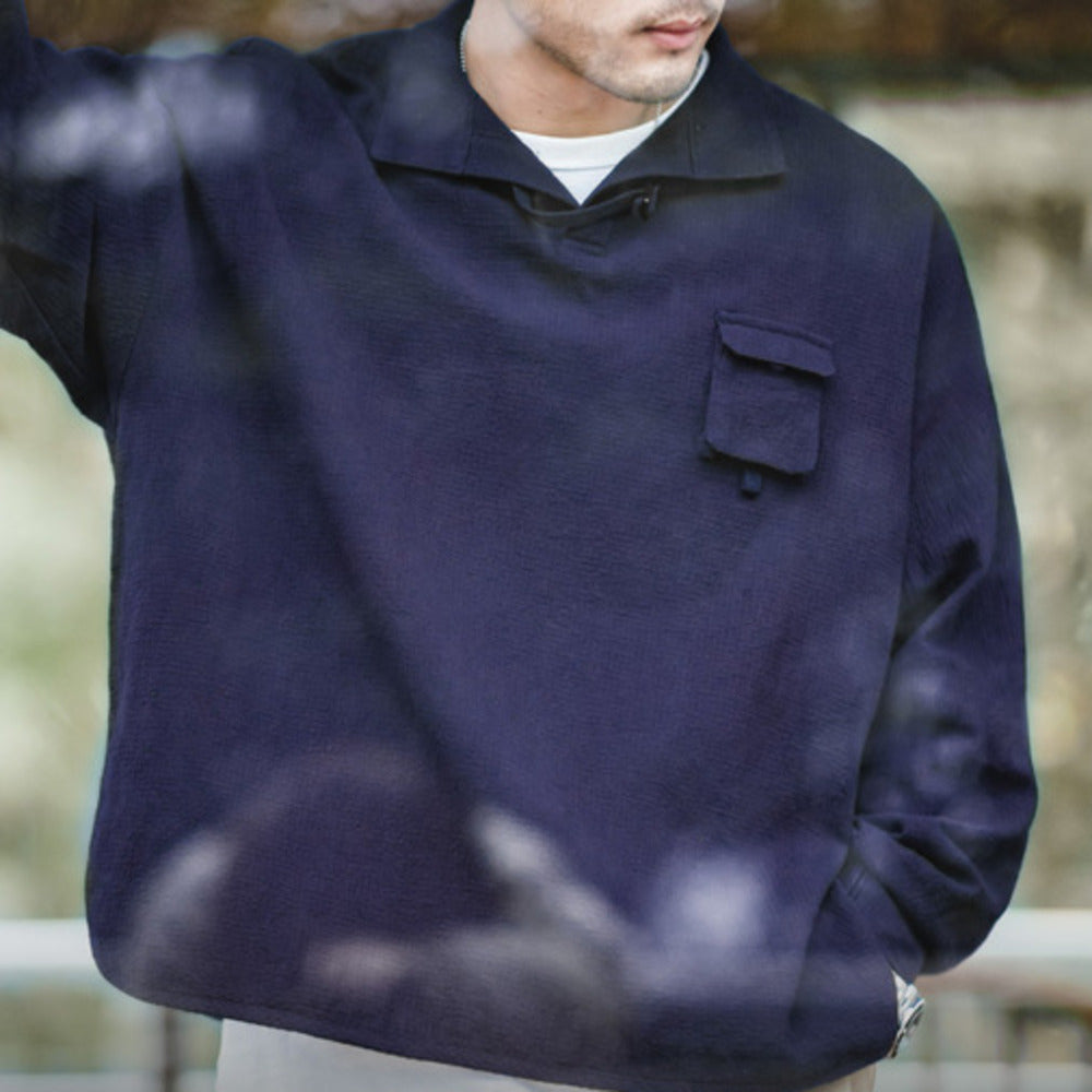 復古肌理感polo衫男士全棉翻領襯衫廓形寬松長袖