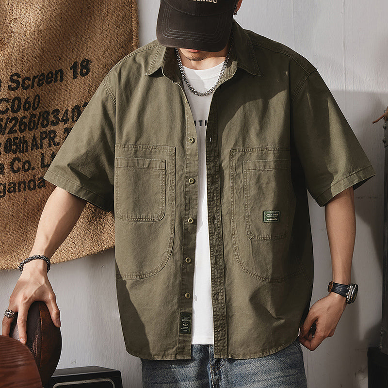 夏季美式硬漢工裝上衣純棉貼標大碼半袖襯衣