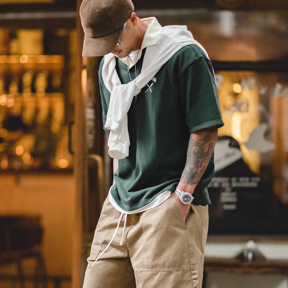 美式復古撞色polo衫短袖寬松刺繡學院風翻領半袖t恤