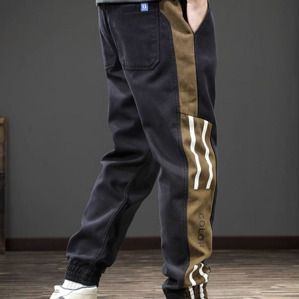 復古工裝束腳休閑褲男條紋大碼夏季新款痞帥哈倫運動長褲
