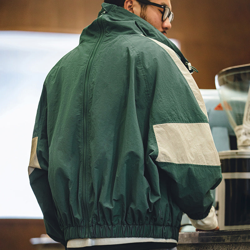 美式復古寬松可拆卸雙拉鏈夾克春秋短款拼色字母外套