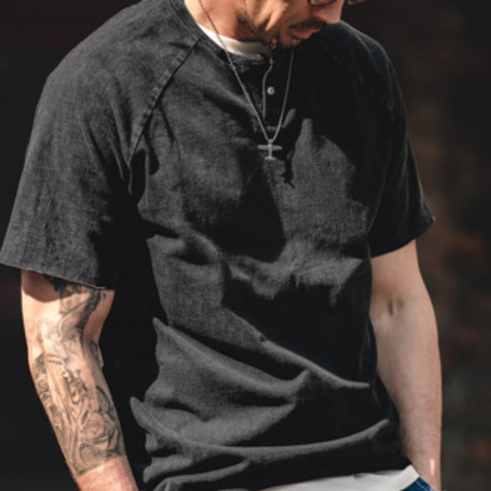 復古做舊亨利領彈力修身短袖咔叽美式硬漢T恤衫