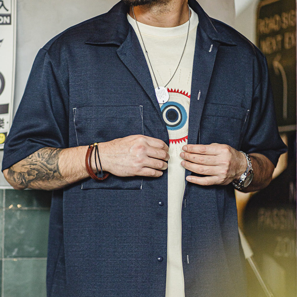 美式休閑oversize垂感免燙襯衫肌理感廓形短袖襯衣男夏季