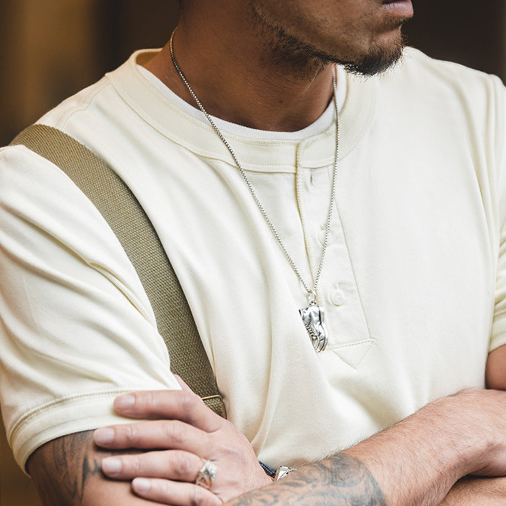 美式復古阿美咔叽短袖亨利衫夏季軍綠微彈硬漢T恤