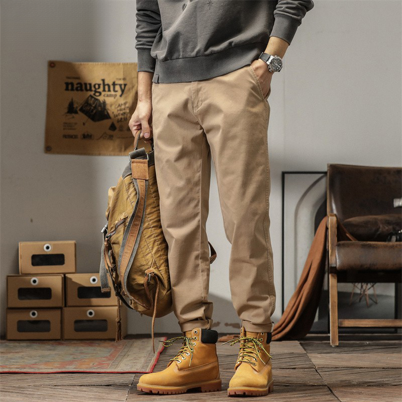 男款復古垂感軍綠色褲子美式男士卡其褲九分小西褲