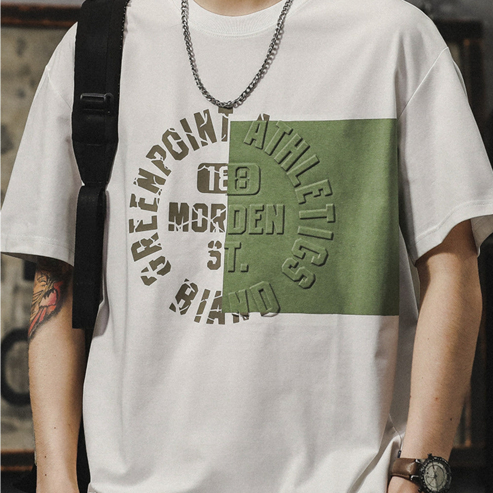 美式高街撞色冰絲速幹短袖男款立體字母印花T恤夏季透氣寬松半袖
