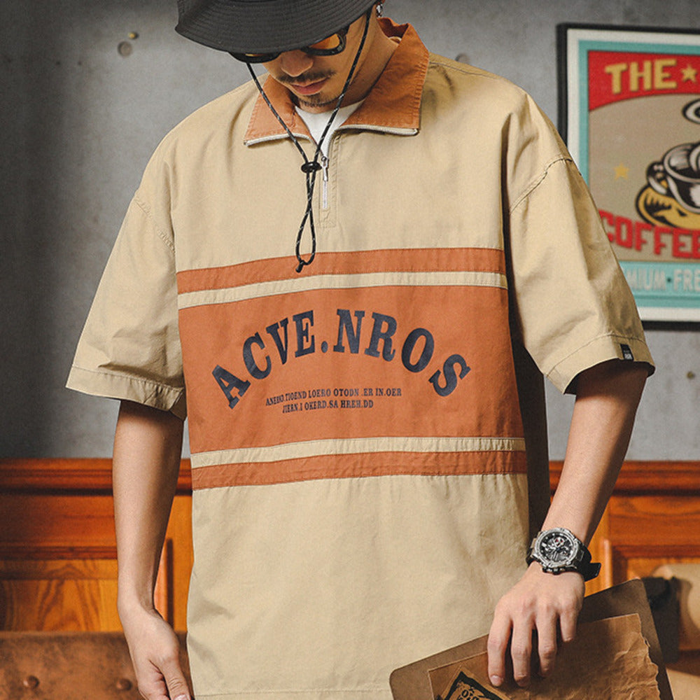 美式復古半拉鏈襯衫男短袖polo衫潮牌寬松休閑襯衣t恤男夏季