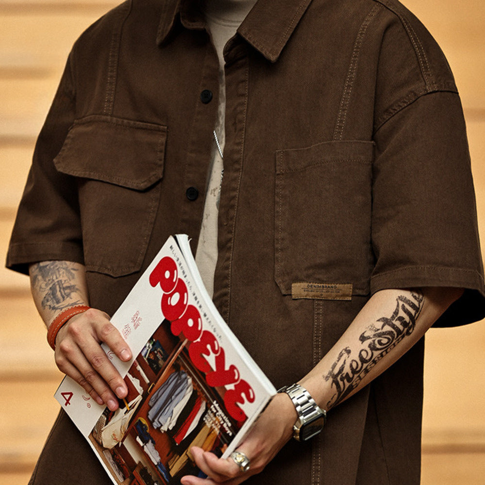 美式復古工裝襯衫男士夏季寬松山系戶外多口袋短袖襯衣外套