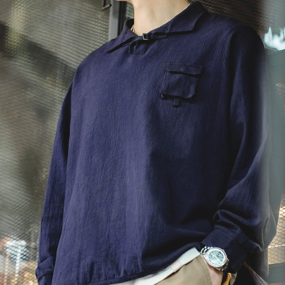 復古肌理感polo衫男士全棉翻領襯衫廓形寬松長袖