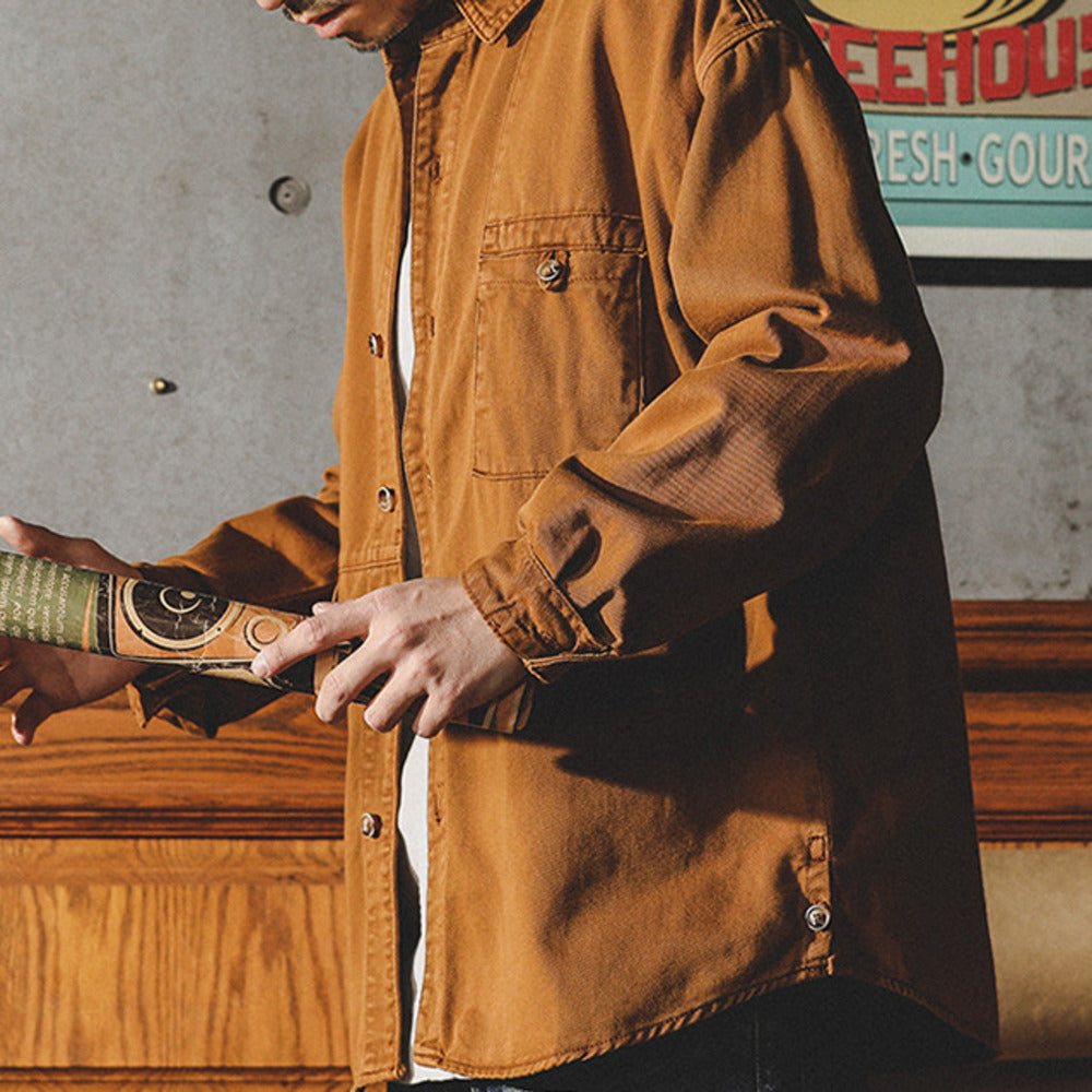 美式復古牛仔襯衫男長袖春季寬松休閑廓形工裝襯衣男寸衫外套