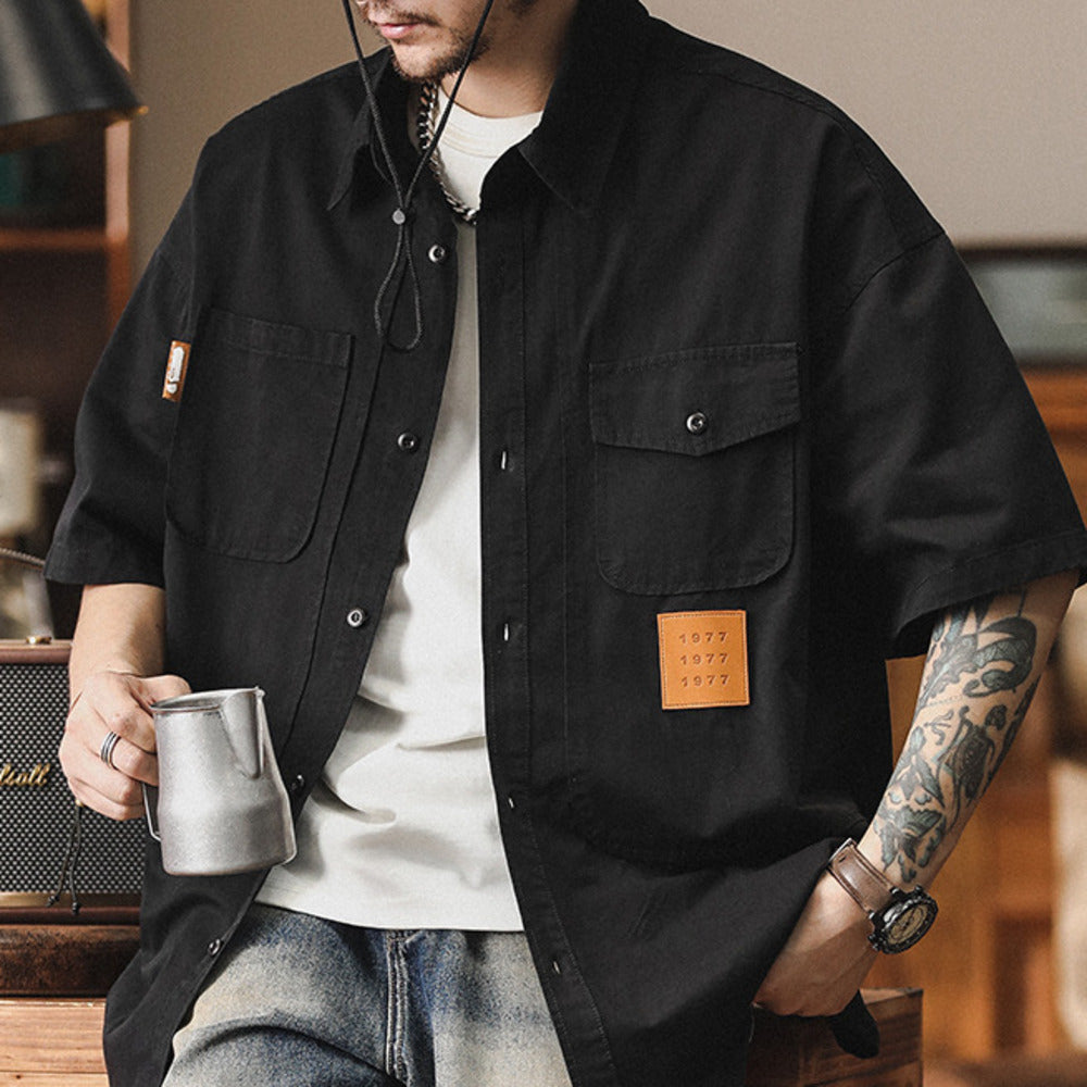 美式復古工裝短袖純棉潮牌寬松大碼五分袖休閑襯衣