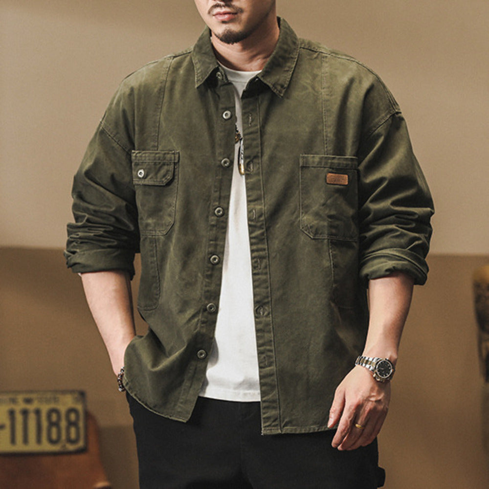 美式復古長袖襯衫春秋季款純棉休閑工裝襯衣外套