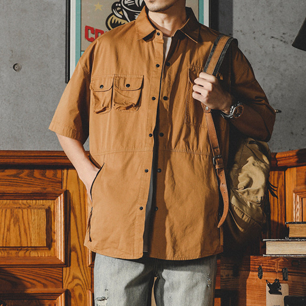 美式机能衬衫男短袖夏季款潮牌宽松大码休闲工装衬衣半袖外套