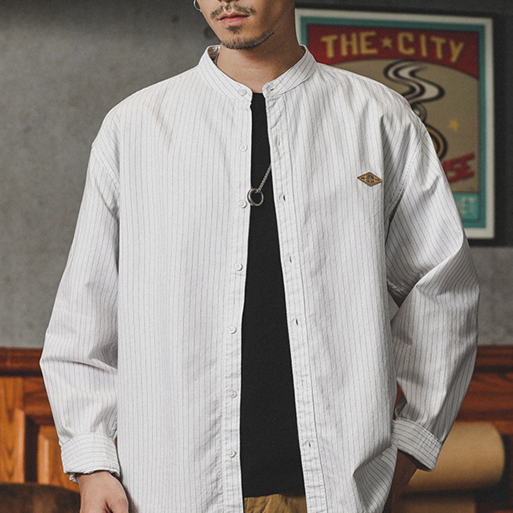 復古條紋襯衫春秋季美式休閑圓領內搭外穿立領襯衣外套