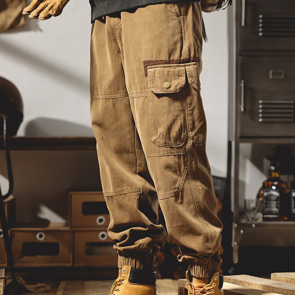 美式工装裤子男士春秋季痞帅宽松大码机能9分束脚裤休闲长裤