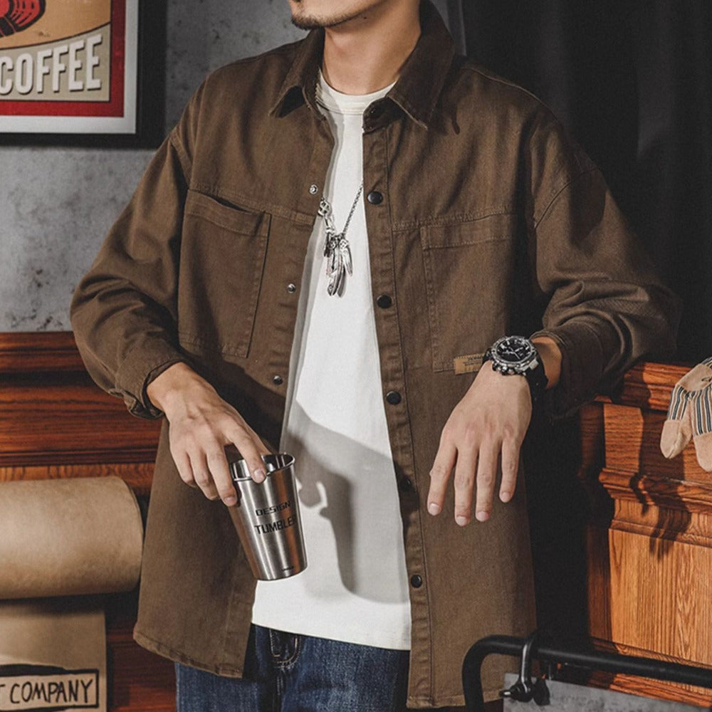 美式工裝襯衫男長袖春秋季潮牌大碼寬松休閑襯衣復古牛仔外套