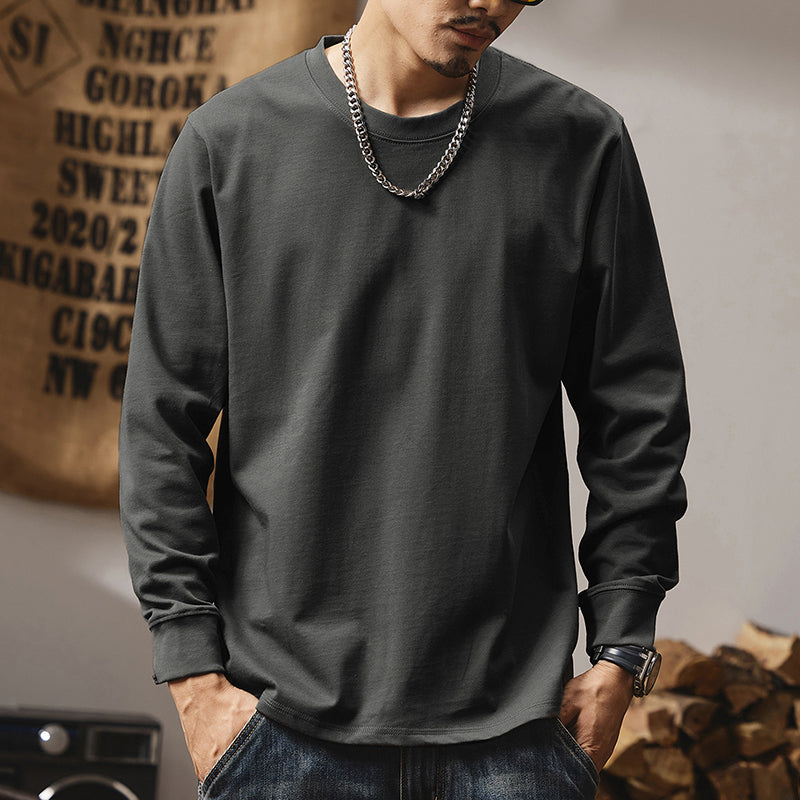 280G雙紗棉長袖t恤男款春秋美式復古衛衣寬松白色打底衫