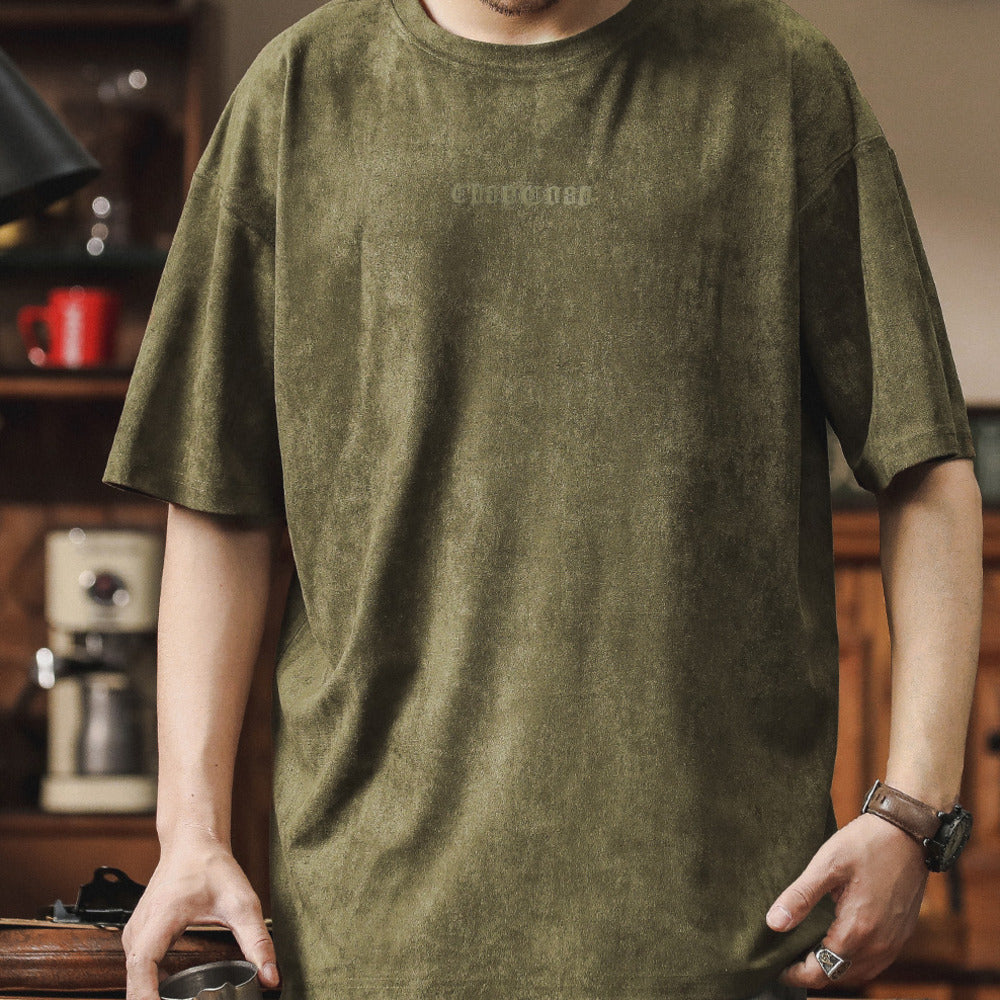 麂皮绒凉感短袖男夏季垂感t恤大码宽松体恤新款夏装圆领T