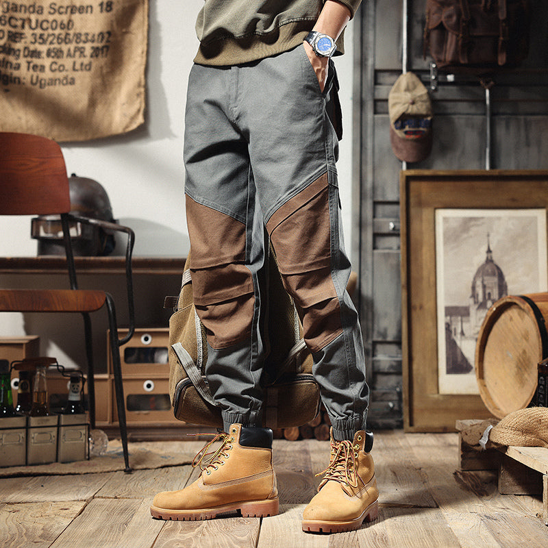 美式工裝褲男春季復古哈倫褲男士軍事風拼接褲