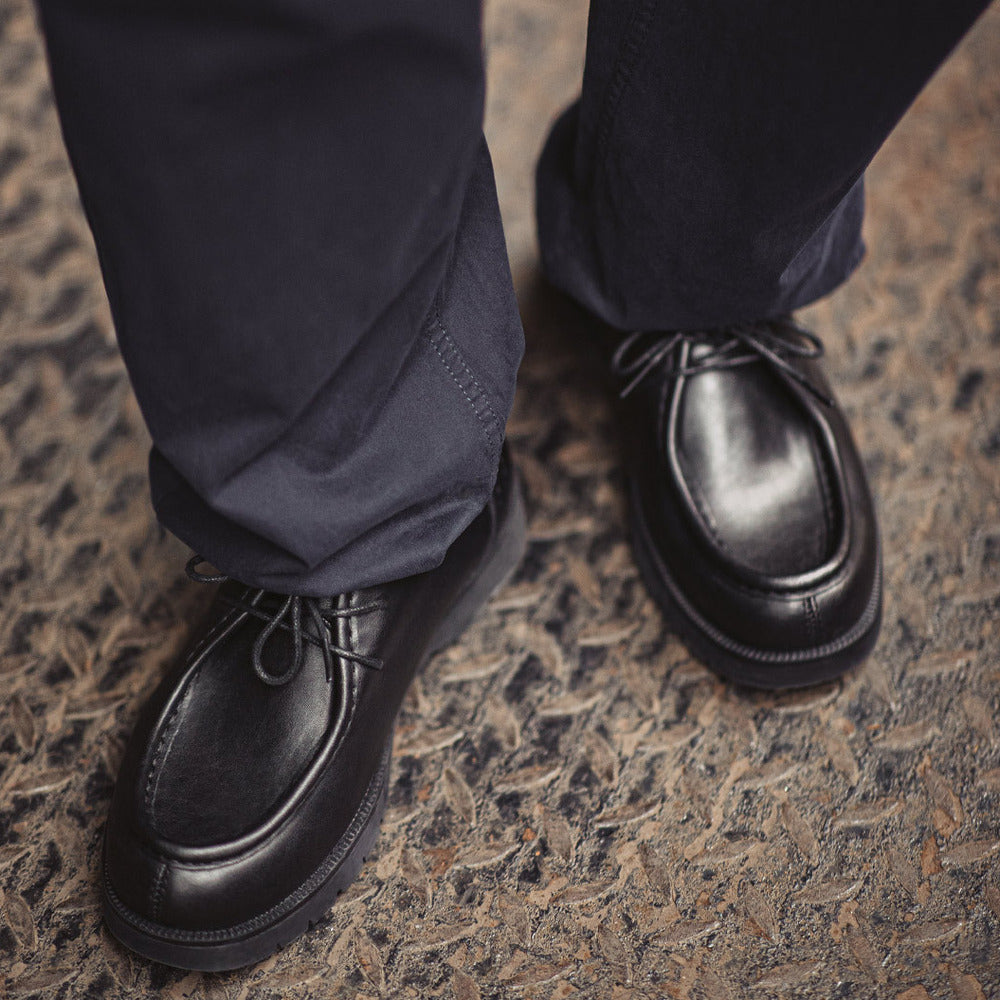 美式復古莫卡辛袋鼠鞋英倫休閑黑色圓頭德比小皮鞋