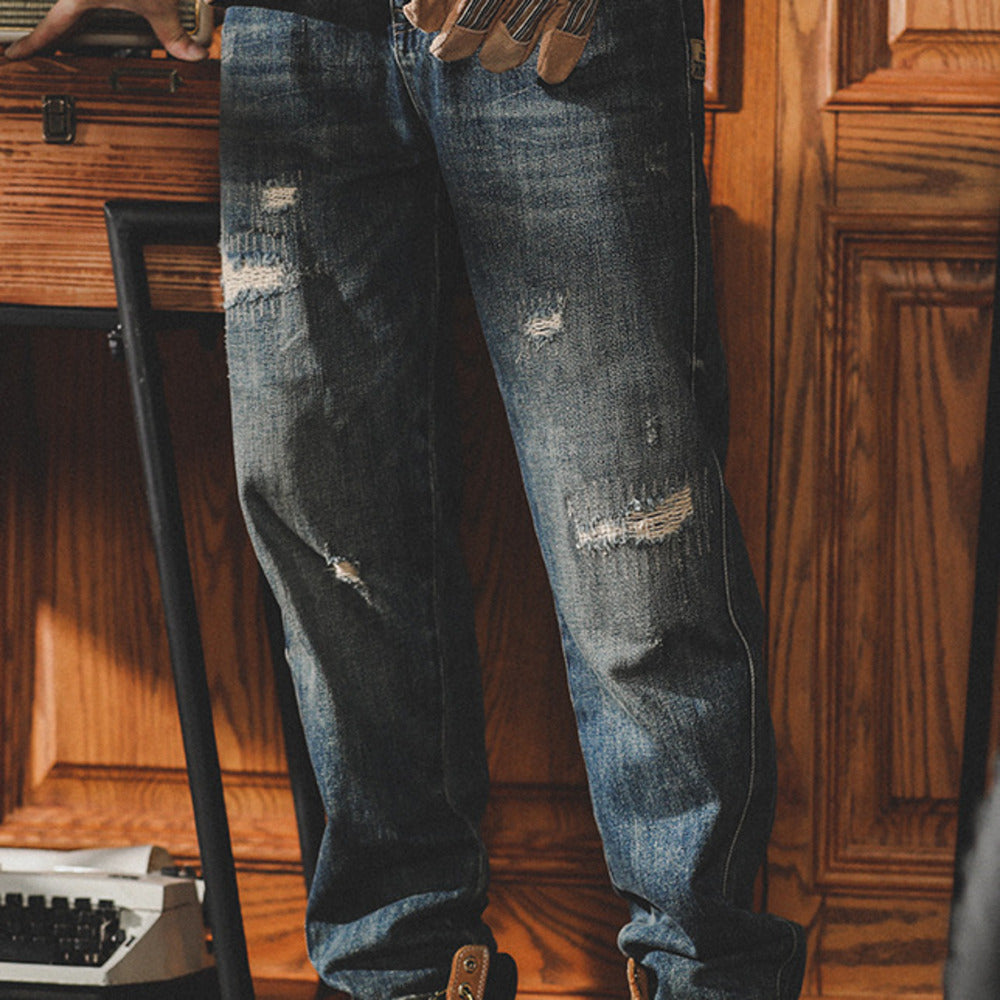 美式復古寬松直筒牛仔褲男春秋破洞潮牌阿美咔叽褲子男士休閑長褲