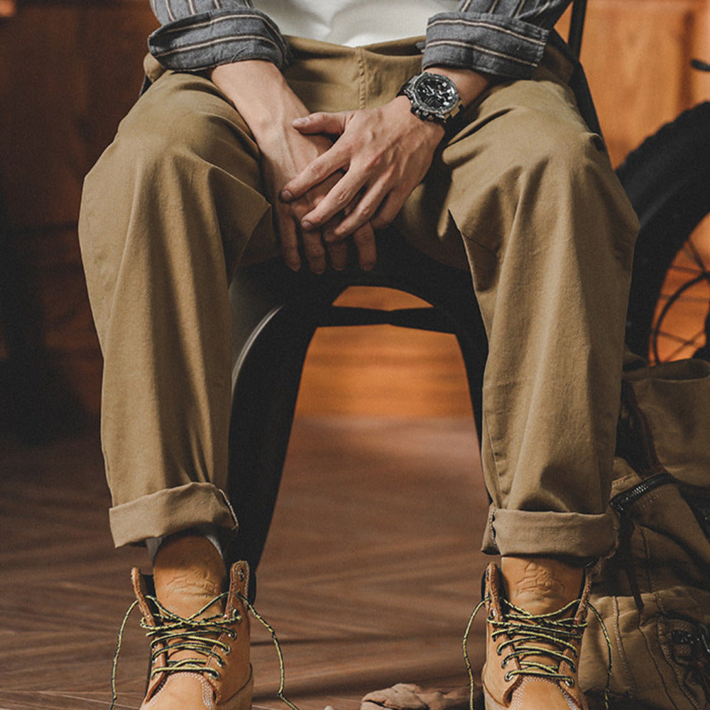 美式復古卡其色工裝褲男春秋款潮牌大碼寬松直筒休閑九分褲子