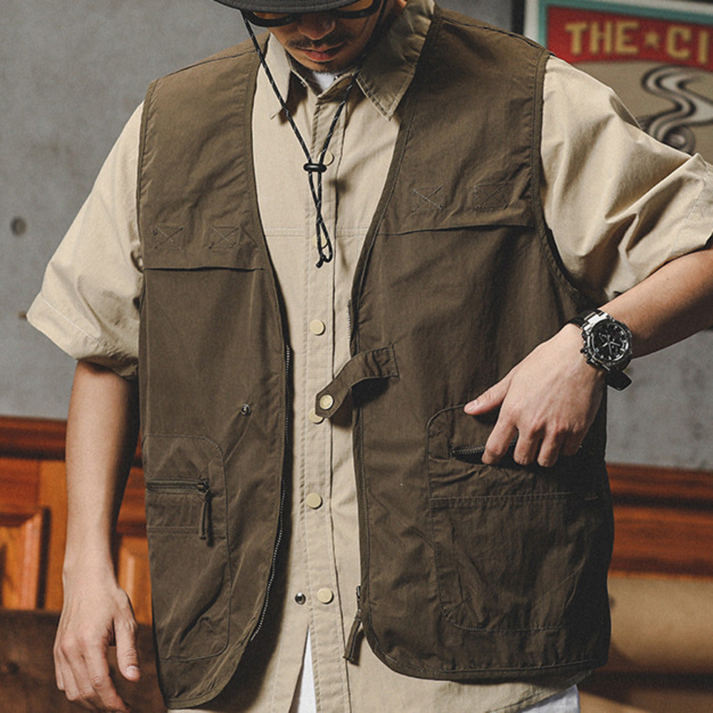 春季山系戶外釣魚無袖夾克外套男潮牌寬松美式工裝馬夾