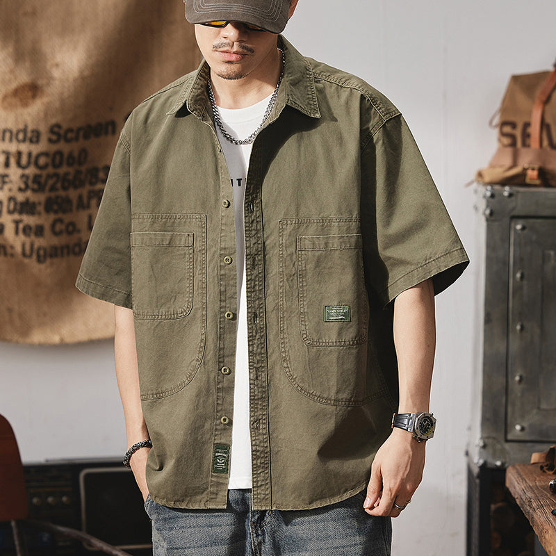 夏季美式硬漢工裝上衣純棉貼標大碼半袖襯衣