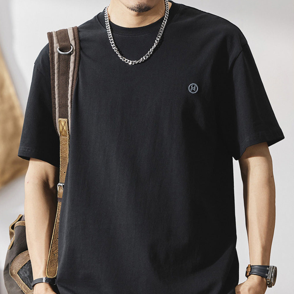 美式潮流刺繡純棉白色休閑圓領打底衫