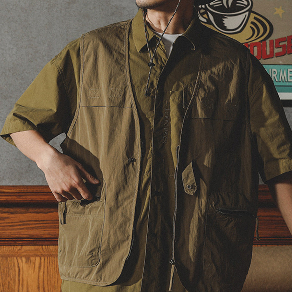 春季山系戶外釣魚無袖夾克外套男潮牌寬松美式工裝馬夾