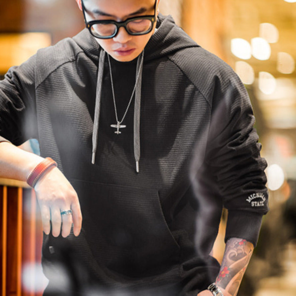 美式復古玉米粒刺繡連帽衛衣絨感百搭純色套頭衫上衣