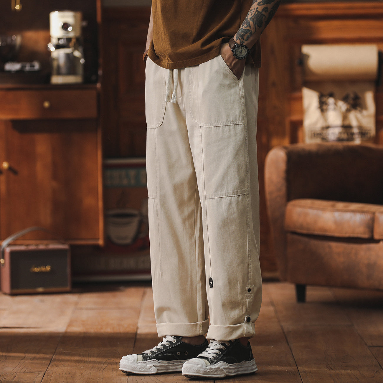 美式工裝褲子男潮牌春季寬松闊腿九分直筒褲復古休閑長褲