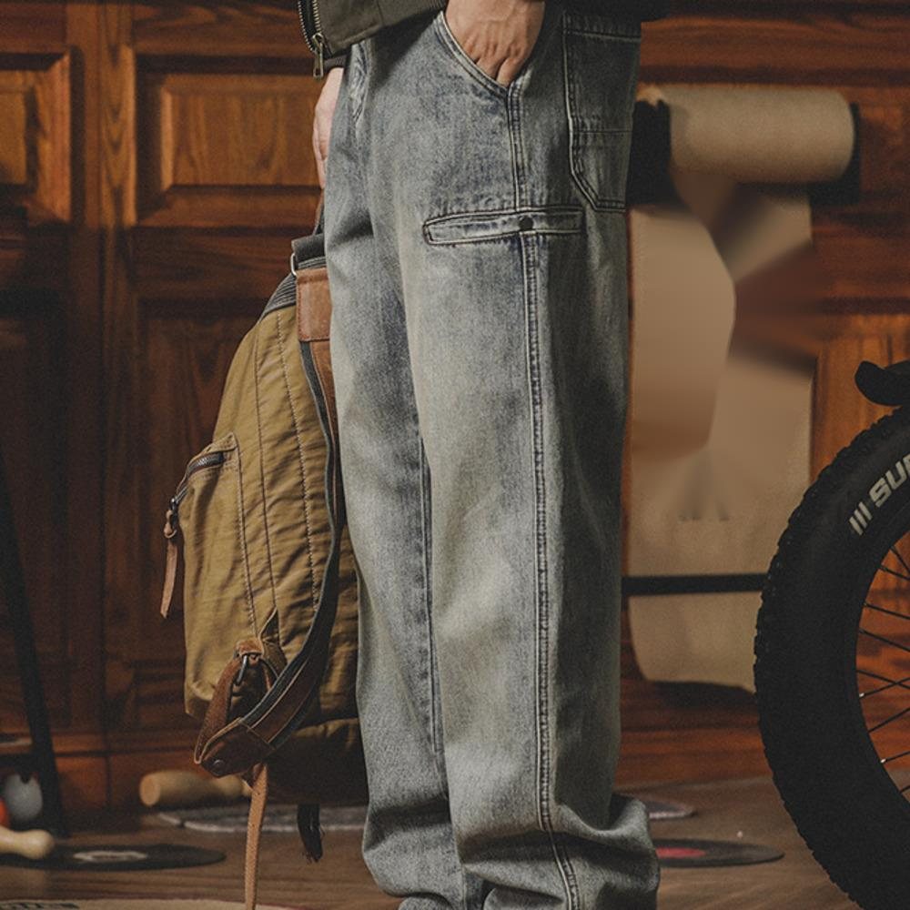 美式黃泥染牛仔褲男水洗做舊直筒寬松大碼闊腿褲休閑工裝褲子