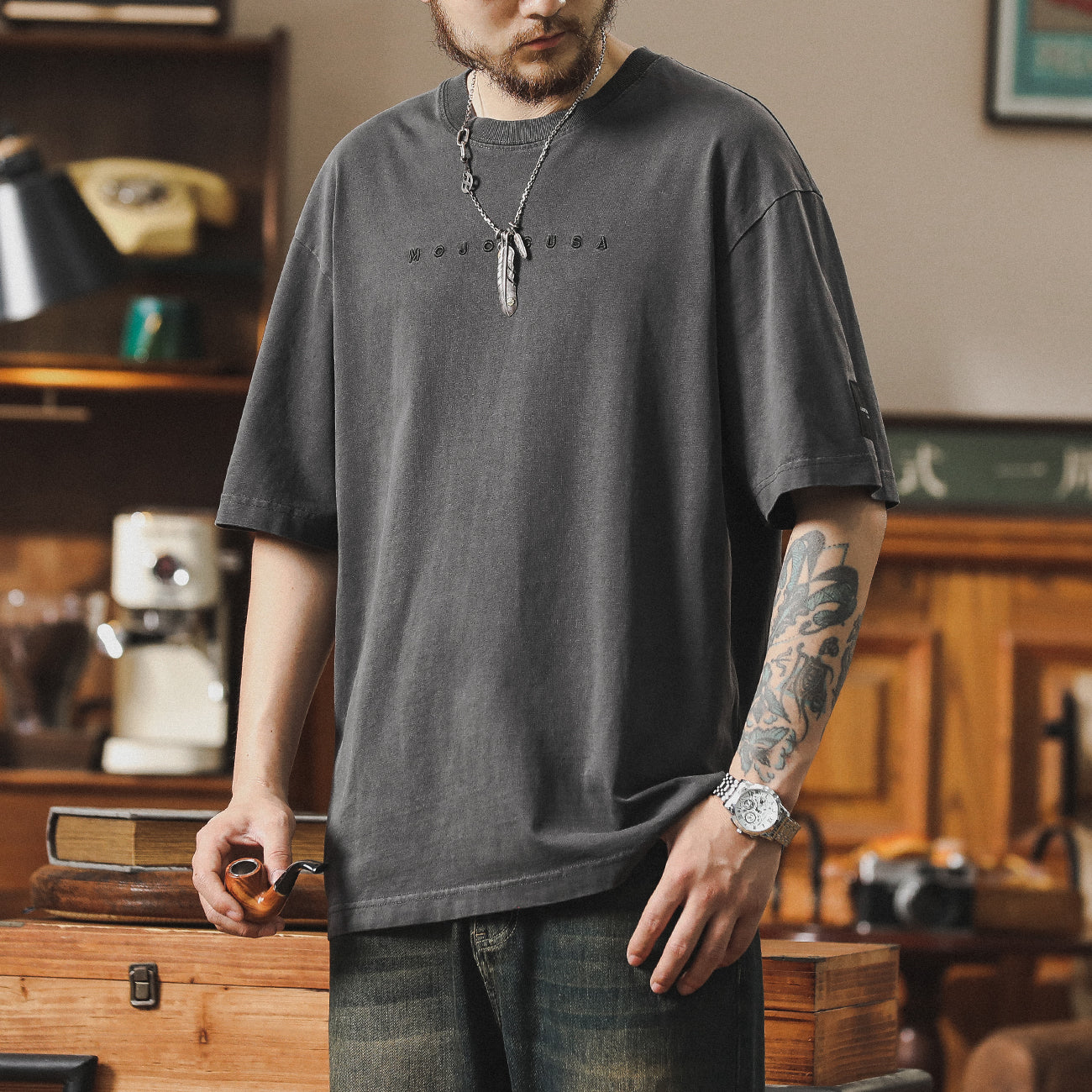 高級感男士t恤短袖2024新款夏季寬松上衣美式復古純棉體恤