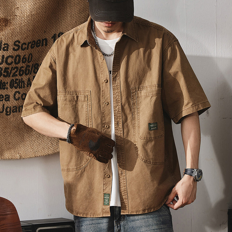 夏季美式硬漢工裝上衣純棉貼標大碼半袖襯衣