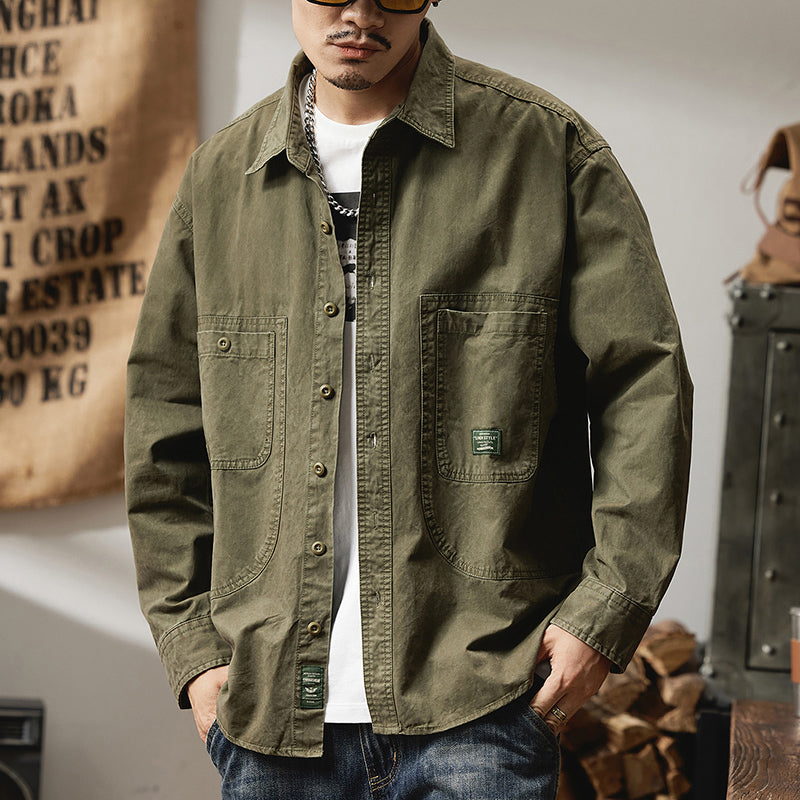 男士長袖春秋季款阿美咔叽美式復古軍綠色外套休閑襯衣