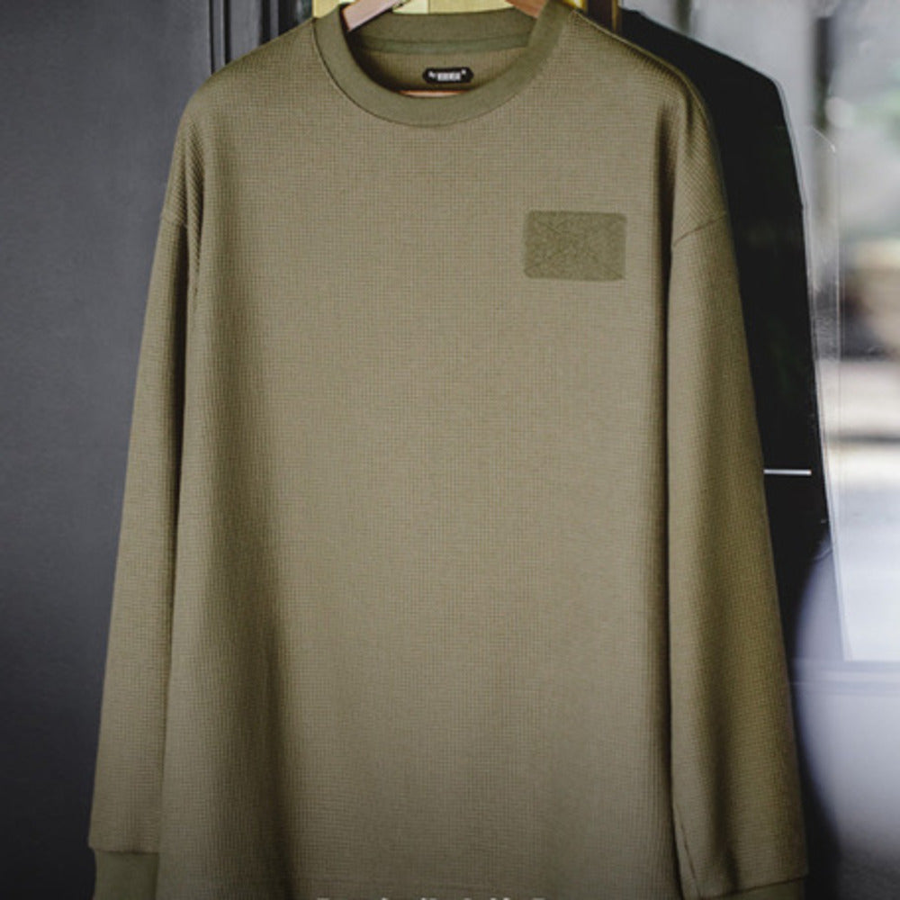 美式休閑華夫格長袖魔術貼疊穿衛衣