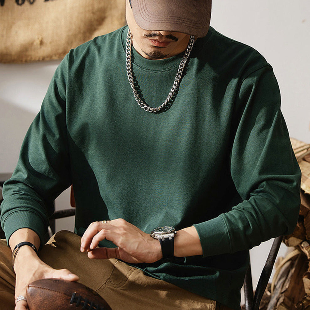 280G雙紗棉長袖t恤男款春秋美式復古衛衣寬松白色打底衫