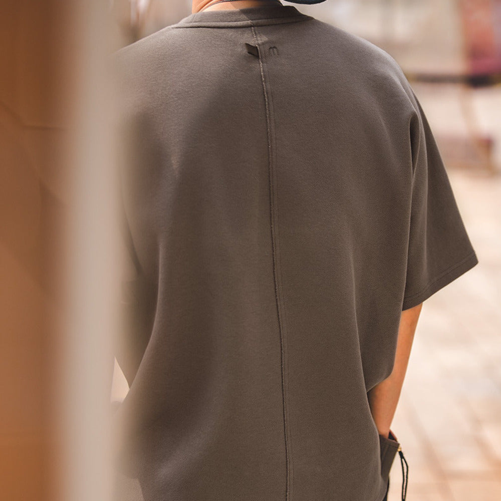 美式復古珠地空氣棉T恤春夏寬松廓形拼接免燙短袖TEE