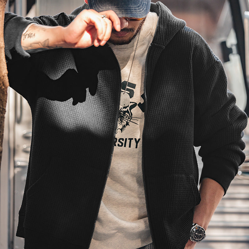 復古灰色連帽華夫格衛衣慵懶開衫運動外套針織衫