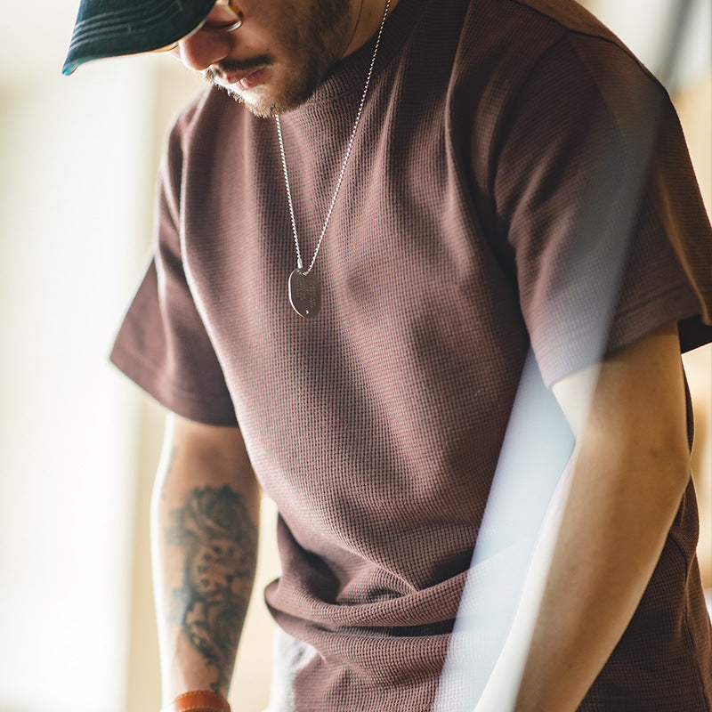 美式復古250g華夫格圓領針織短袖T恤半袖打底衫