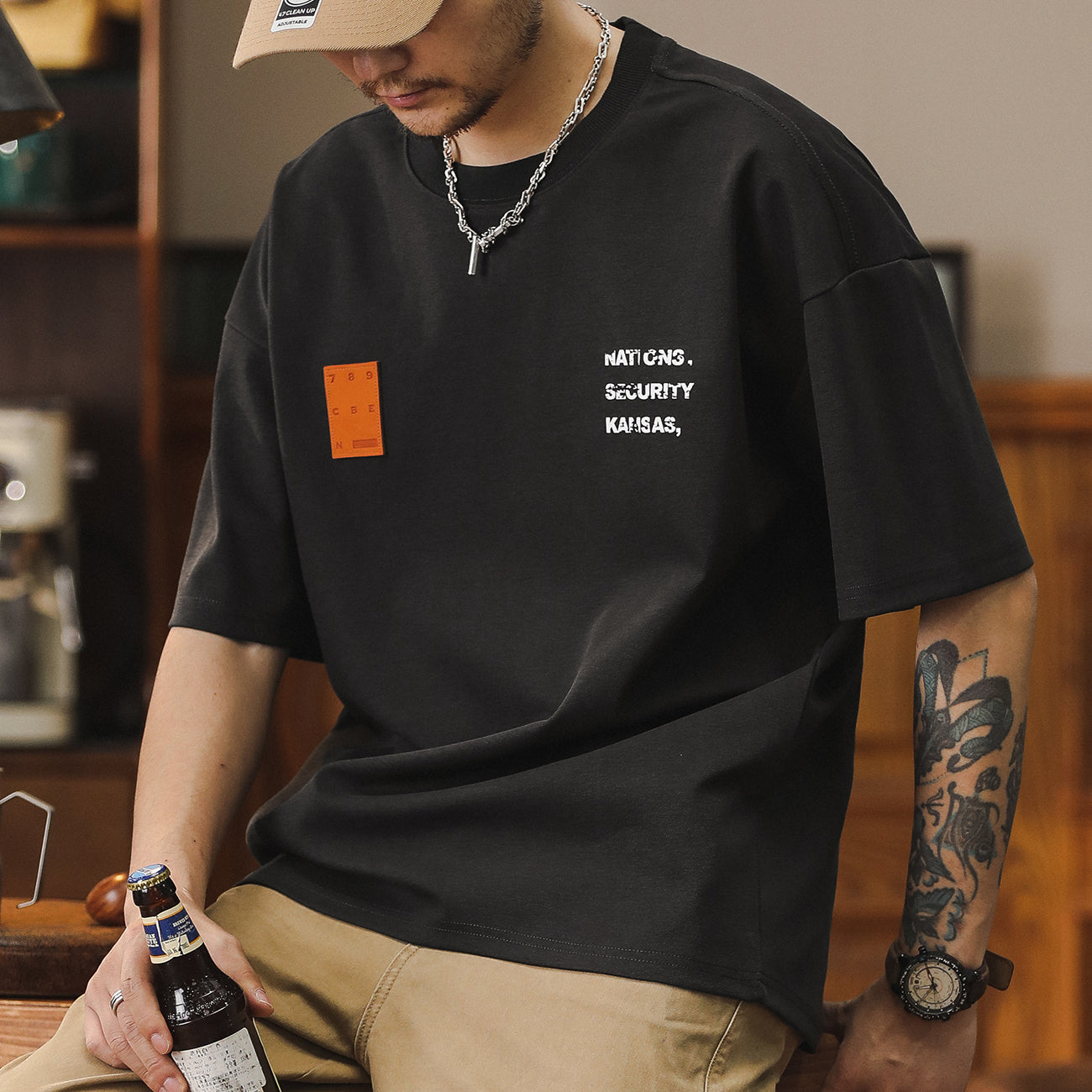 美式280g天絲涼感短袖t恤男皮牌標寬松休閑新款圓領半袖