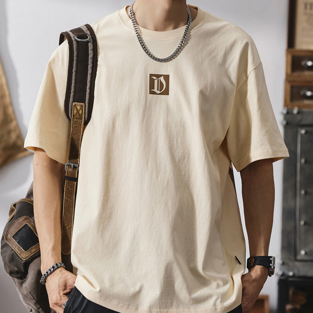 美式男士短袖t恤薄款復古字母印花半袖夏季純棉大碼圓領體恤