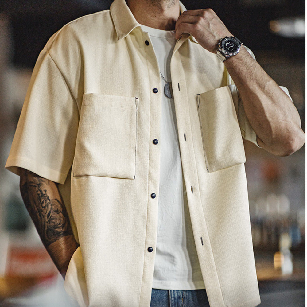 美式休閑oversize垂感免燙襯衫肌理感廓形短袖襯衣男夏季