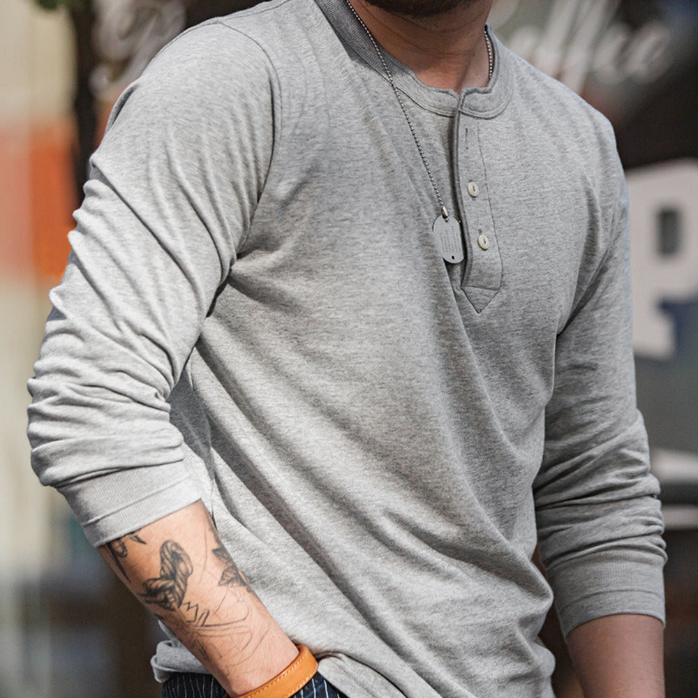 美式復古長袖亨利衫T恤開領硬漢外穿薄款打底衫