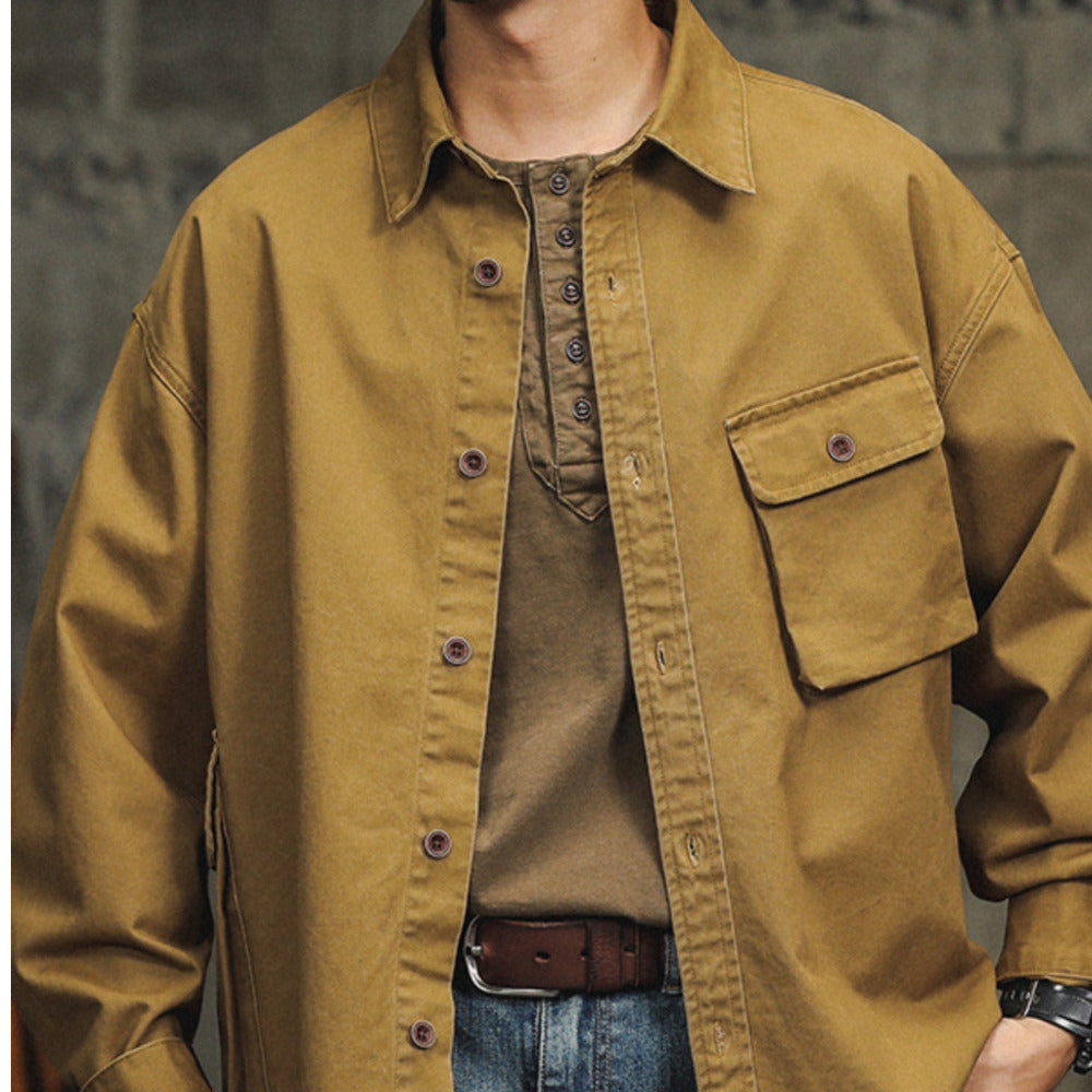 美式復古工裝襯衫外套男純棉春季長袖寸衫寬松休閑廓形襯衣