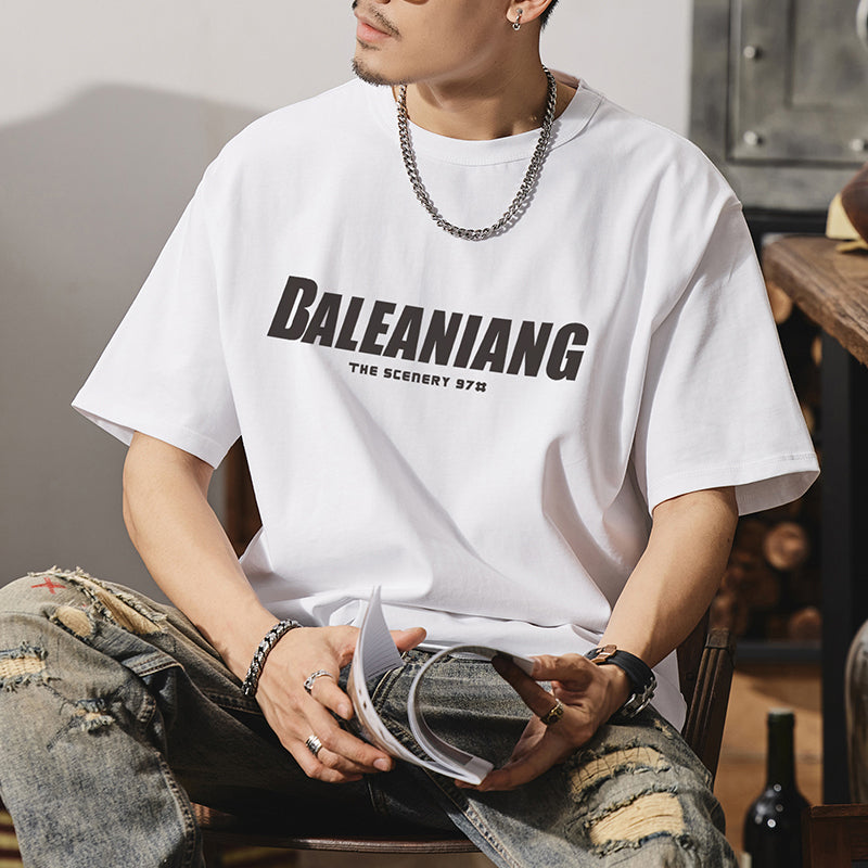 短袖t恤男式夏季美式街頭圓領純棉字母印花半袖體恤