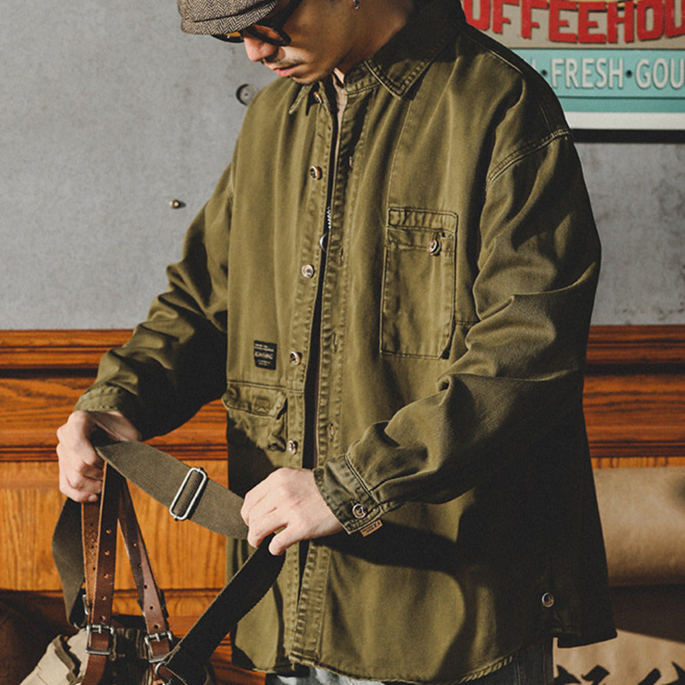 美式復古牛仔襯衫男長袖春季寬松休閑廓形工裝襯衣男寸衫外套
