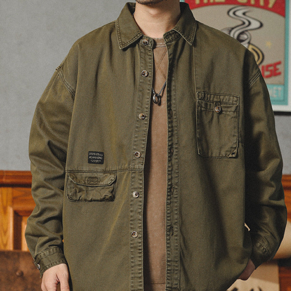 美式復古牛仔襯衫男長袖春季寬松休閑廓形工裝襯衣男寸衫外套